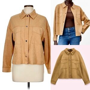 Zara NWT tan camel faux suede collared button front shirt jacket shacket